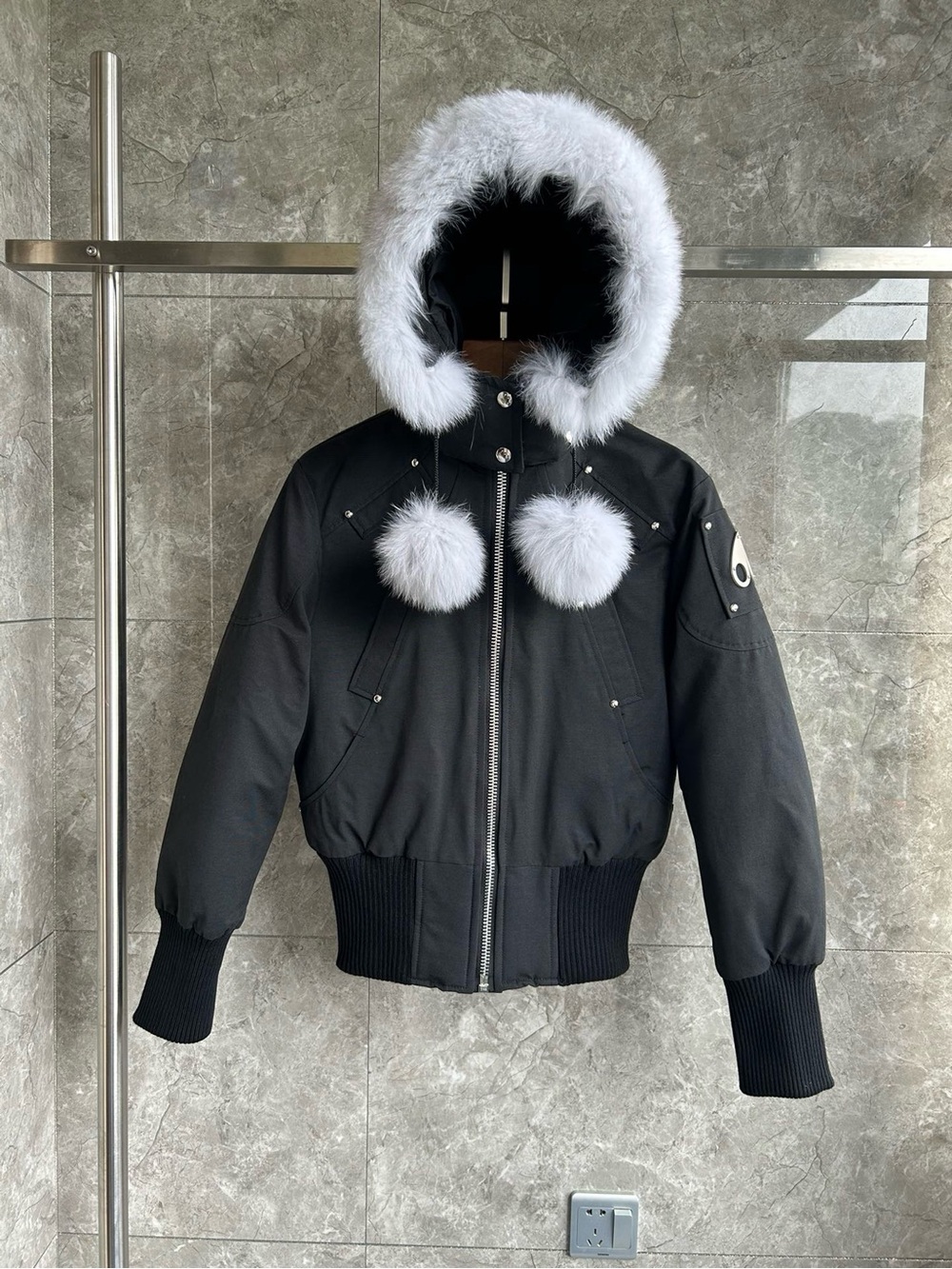 Moose Knuckles Black Bomber Puffer with White Faux-Fur Hood Trim
